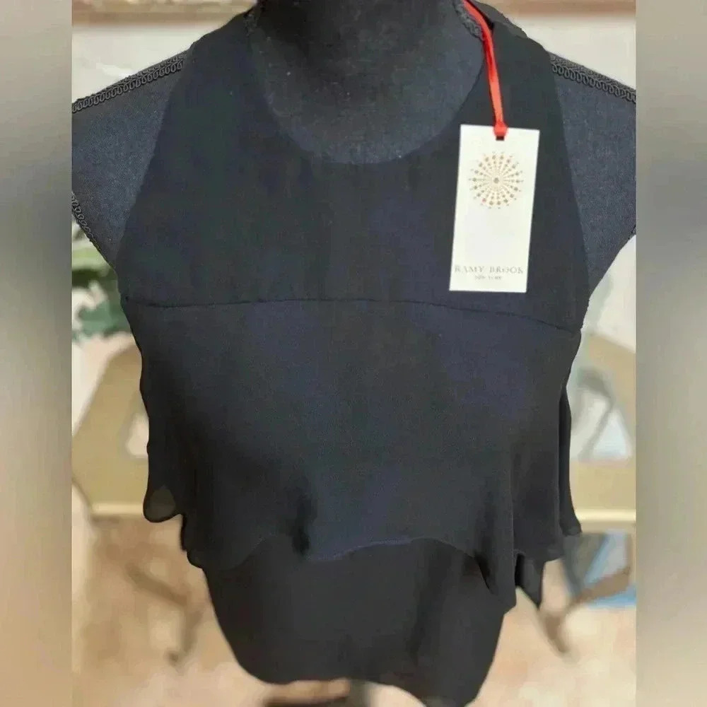 RAMY BROOK 100% SILK LUXURY BLACK COLD SHOULDER RUFFLE TOP BLOUSE SIZE SMALL NEW - Picture 10 of 15